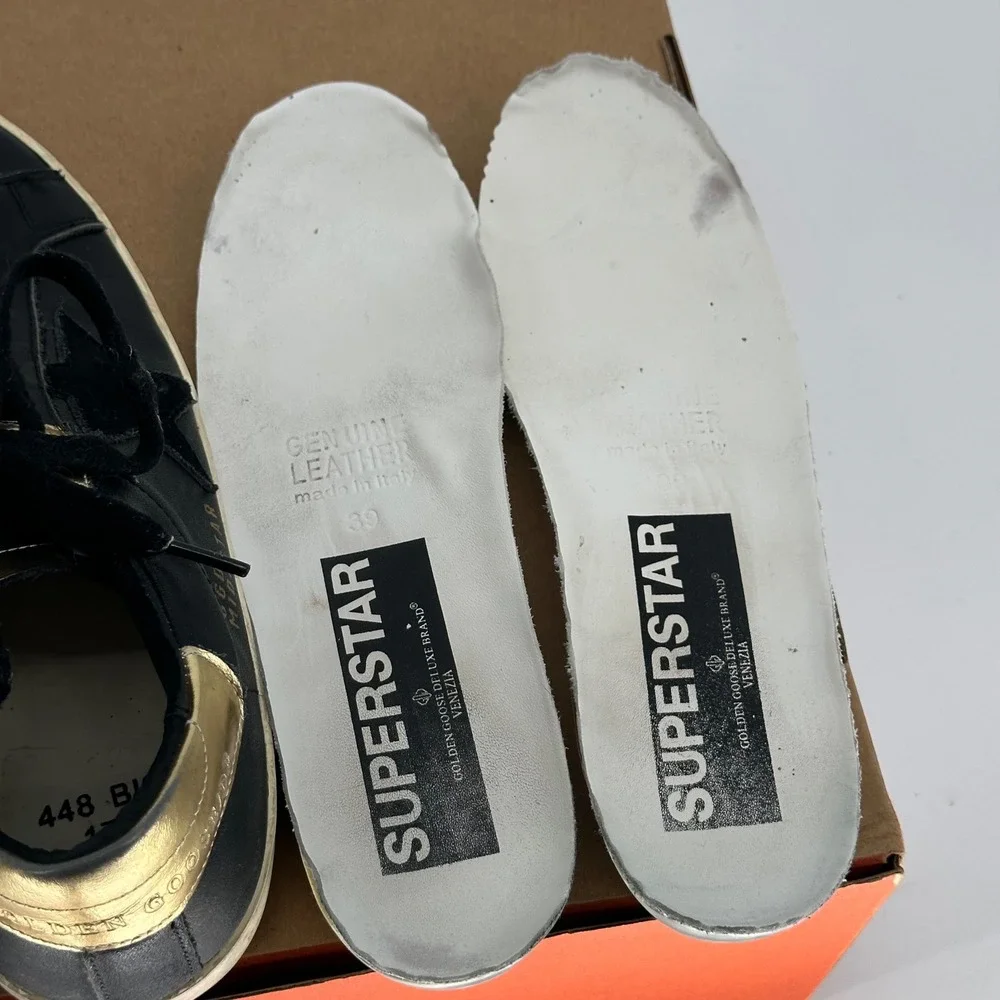 Golden Goose Superstar Black Leather Sneakers Low Trainers‎ Gold Heel Italy 39